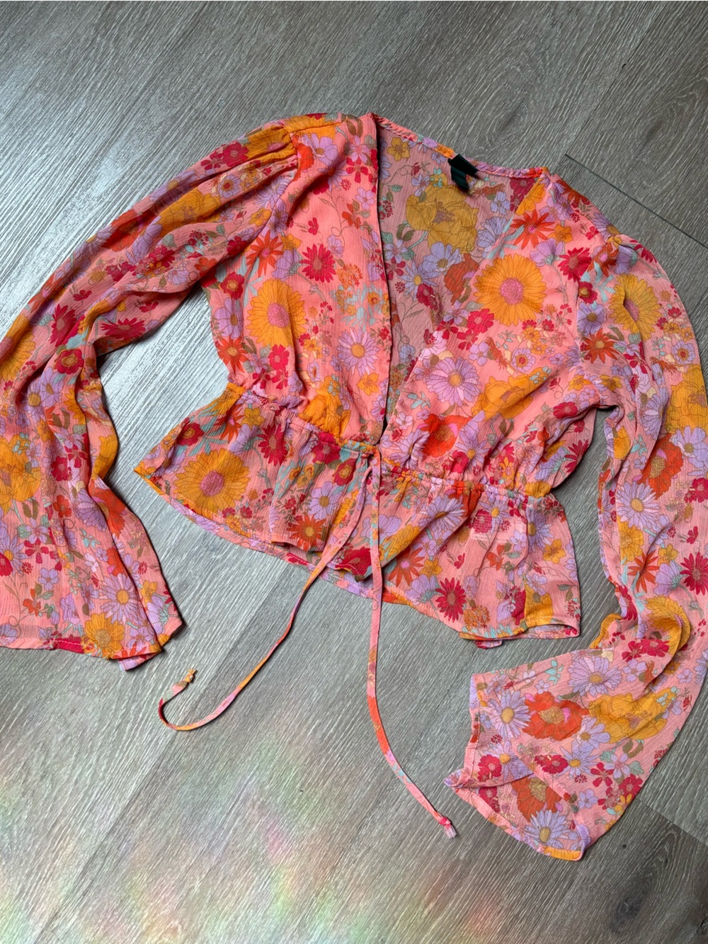 Floral Front Tie Long Sleeve - Pink & Orange